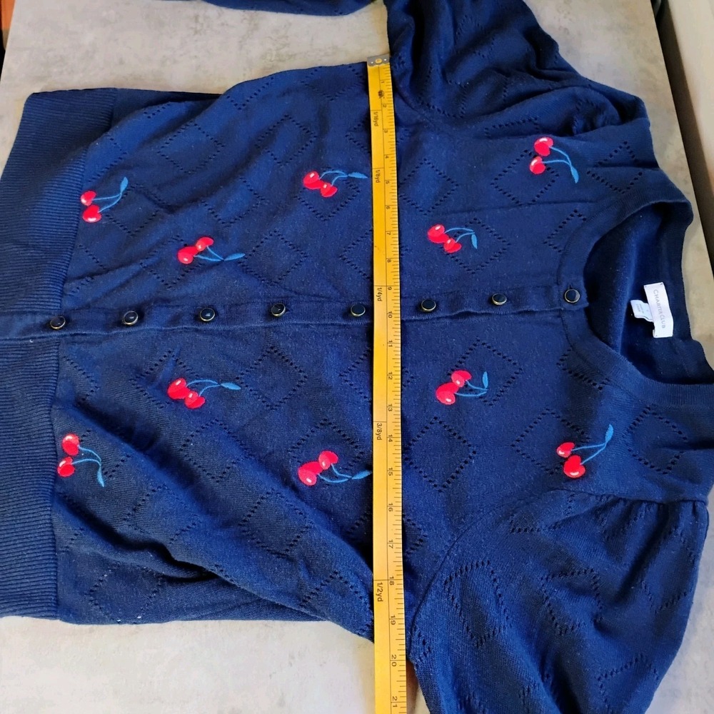 Charter Club Cherry Embroidered Cardigan Sweater Navy Blue Womens Large Twee - Picture 11 of 11